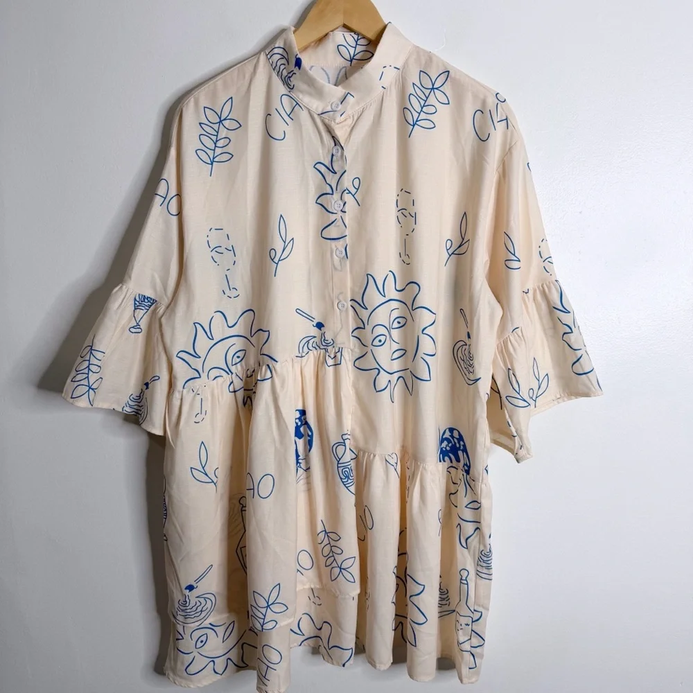 NWOT Commense‎ Ciao Wine Cream Blue Graphic Babydoll Ruffle Dress XL Oversized